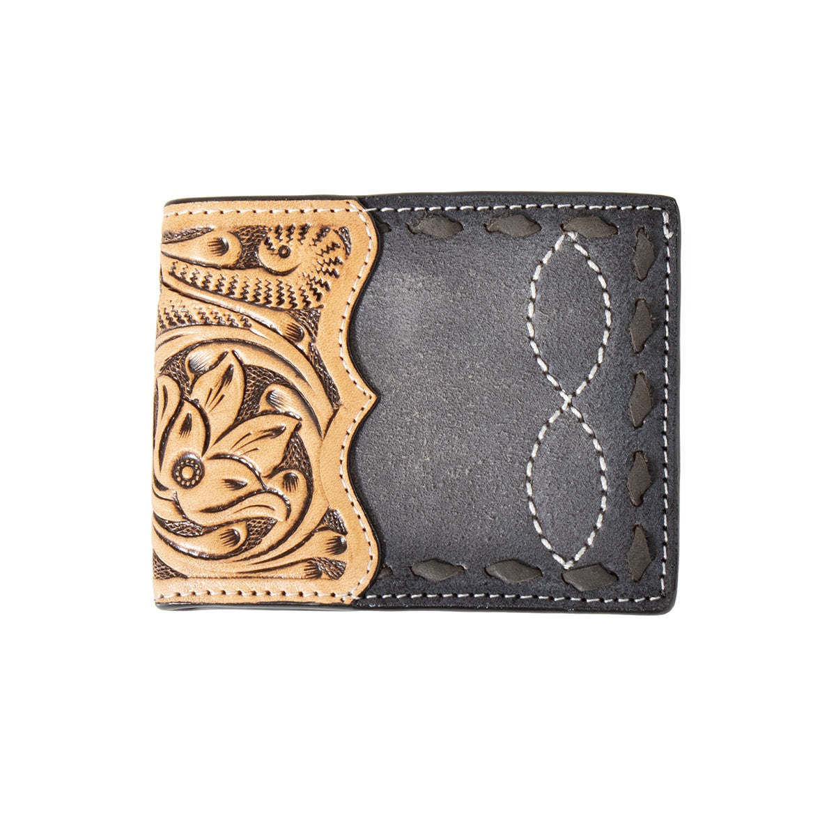M&F - BI-FOLD WALLET GREY LEATHER AND TOOLED LEATHER - D2500124107
