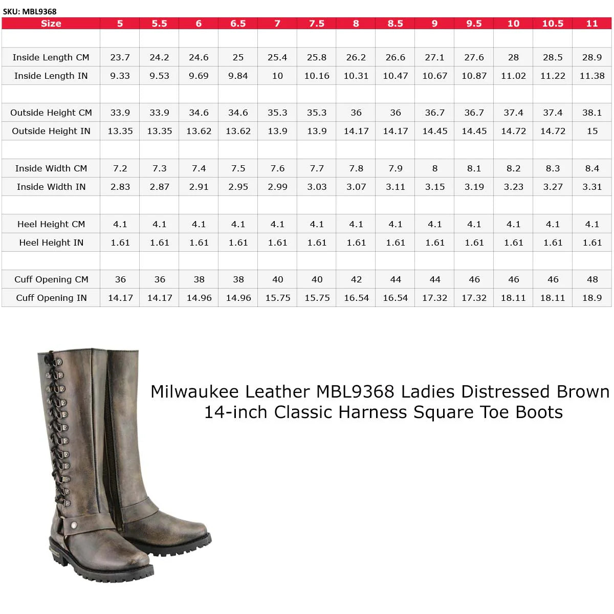 MILWAUKEE LEATHER - WOMEN'S DISTRESSED BROWN LEATHER 14-INCH CLASSIC HARNESS SQUARE TOE MOTORCYCLE RIDER BOOT - MBL9368