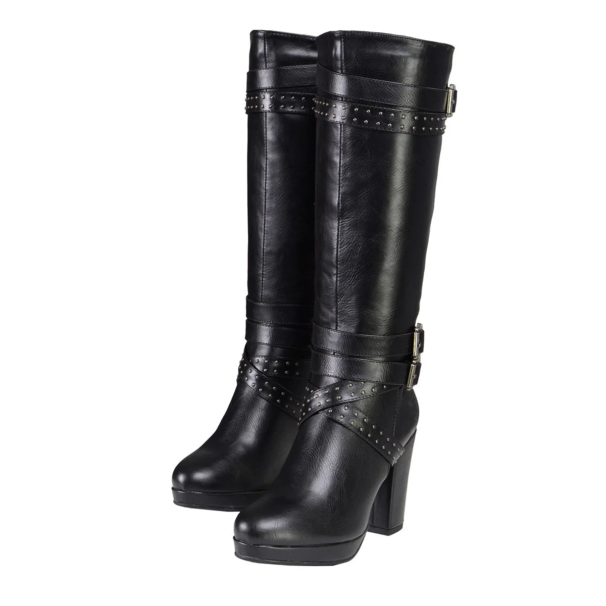 MILWAUKEE LEATHER - WOMEN'S TALL BLACK STUDDED STRAP FASHION CASUAL BOOTS WITH PLATFORM HEEL - MBL9422