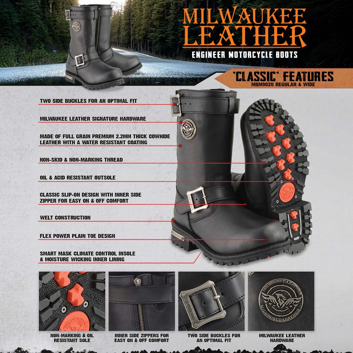 MILWAUKEE LEATHER - MEN'S BLACK LEATHER WIDE-WIDTH 11-INCH CLASSIC ENGINEER MOTORCYCLE BOOT - MBM9020W