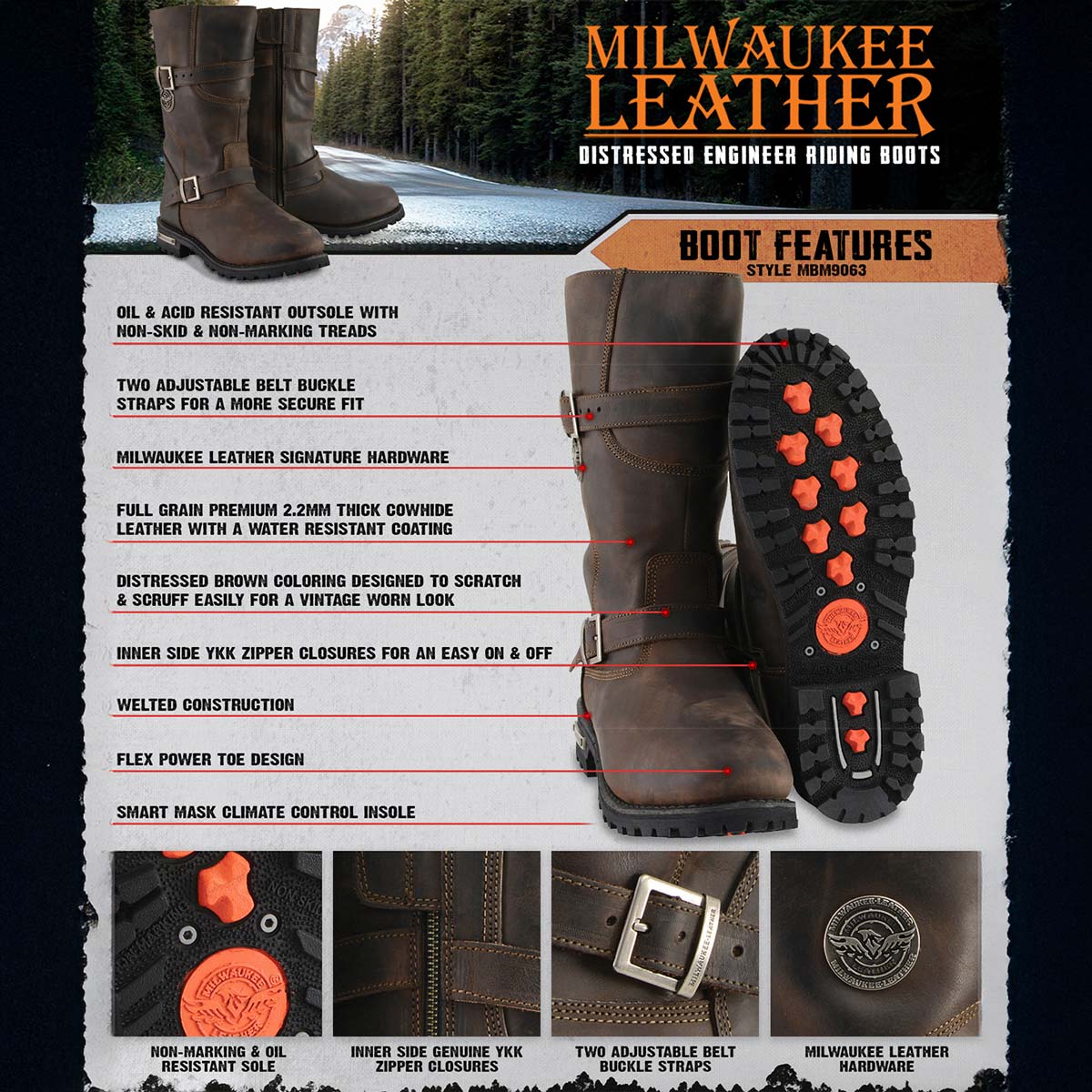 MILWAUKEE LEATHER - MEN'S CLASSIC DISTRESSED BROWN LEATHER MOTORCYCLE ENGINEER RIDING BIKER BOOT - MBM9063