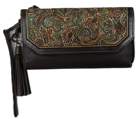 MYRA BAG - MAGNOLIA MORN HAND-TOOLED CLUTCH WRISTLET WALLET