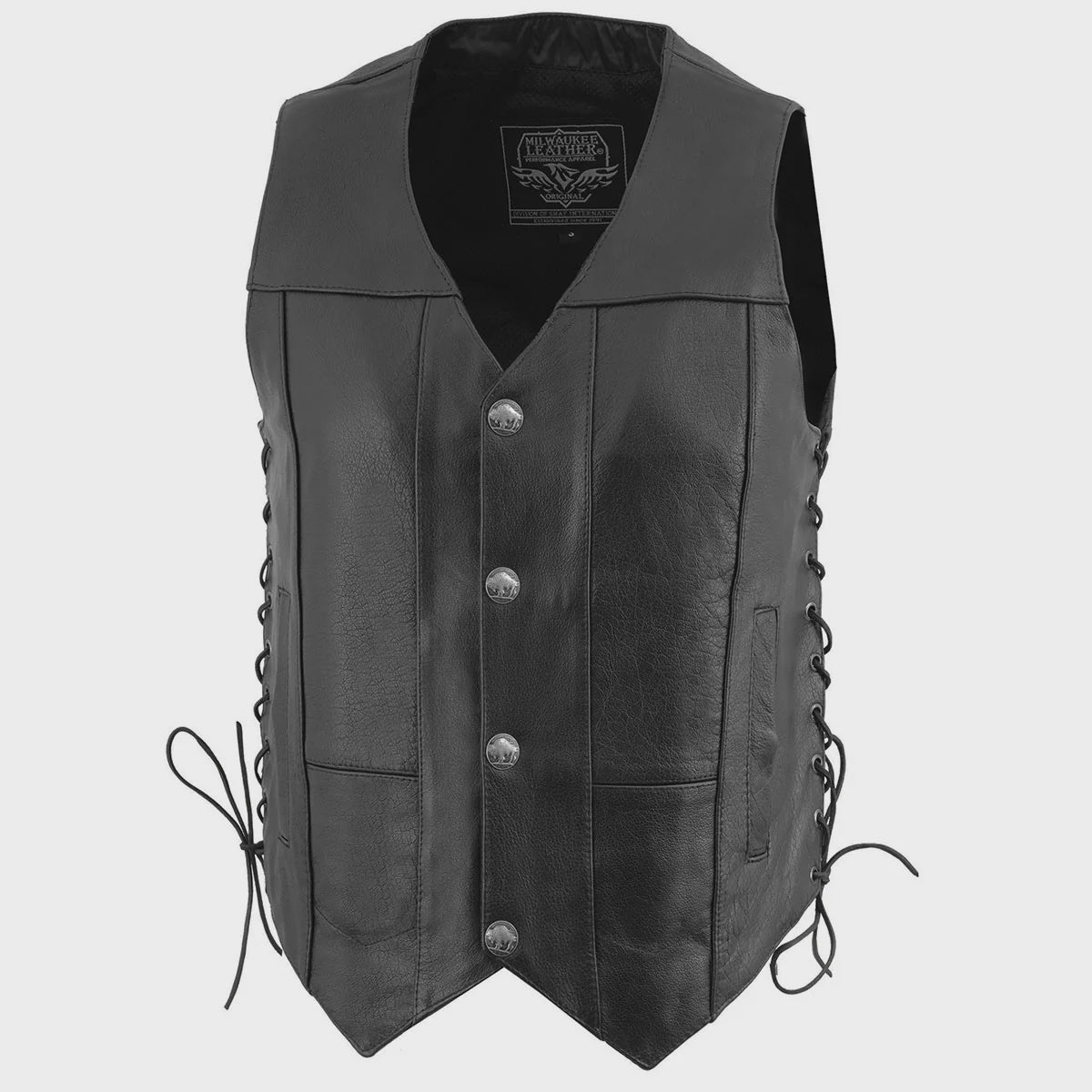 MILWAUKEE LEATHER - MEN'S BLACK LEATHER CLASSIC V-NECK MOTORCYCLE RIDER VEST WITH BUFFALO SNAPS & SIDE LACES - LKM3701