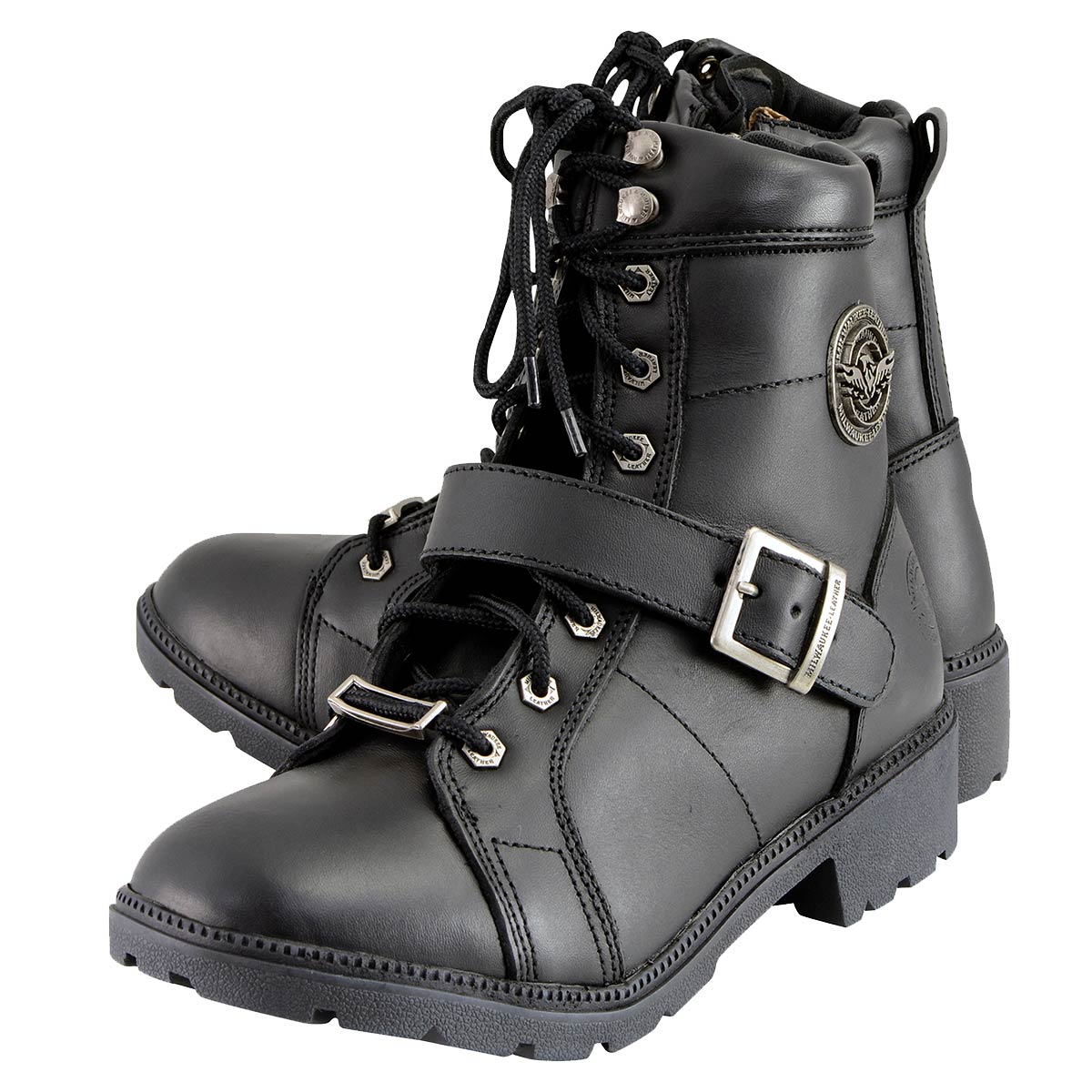 MILWAUKEE LEATHER - WOMEN'S PREMIUM BLACK LEATHER LACE-UP MOTORCYCLE BIKER RIDER BOOTS IN WIDE WIDTH - MBL9325