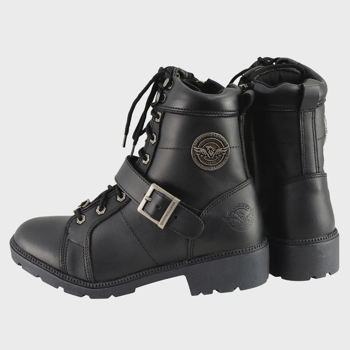 MILWAUKEE LEATHER - WOMEN'S PREMIUM BLACK LEATHER LACE-UP MOTORCYCLE BIKER RIDER BOOTS IN WIDE WIDTH - MBL9325