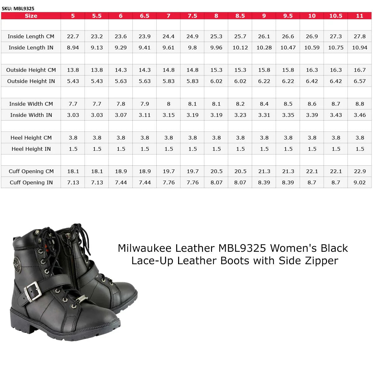 MILWAUKEE LEATHER - WOMEN'S PREMIUM BLACK LACE-UP CLASSIC LEATHER MOTORCYCLE BIKER BOOTS WITH SIDE ZIPPER - MBL9325