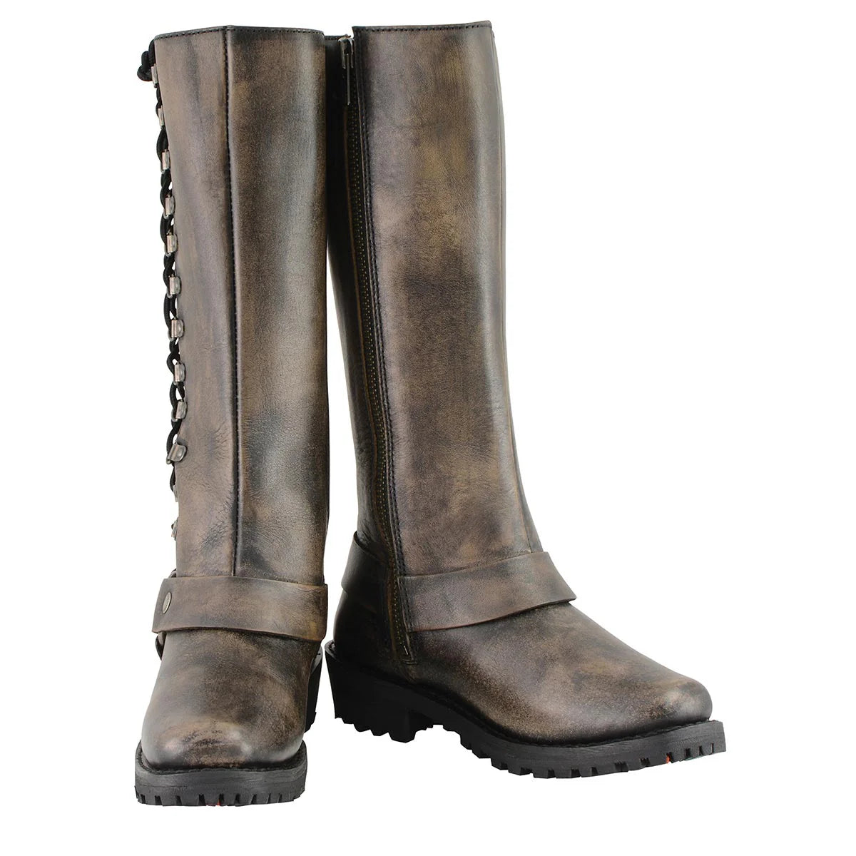 MILWAUKEE LEATHER - WOMEN'S DISTRESSED BROWN LEATHER 14-INCH CLASSIC HARNESS SQUARE TOE MOTORCYCLE RIDER BOOT - MBL9368