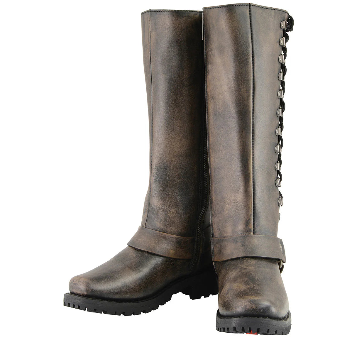 MILWAUKEE LEATHER - WOMEN'S DISTRESSED BROWN LEATHER 14-INCH CLASSIC HARNESS SQUARE TOE MOTORCYCLE RIDER BOOT - MBL9368