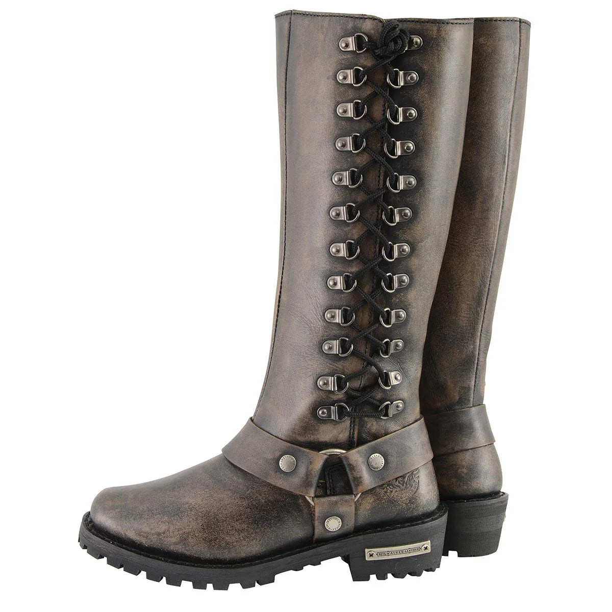 MILWAUKEE LEATHER - WOMEN'S DISTRESSED BROWN LEATHER 14-INCH CLASSIC HARNESS SQUARE TOE MOTORCYCLE RIDER BOOT - MBL9368