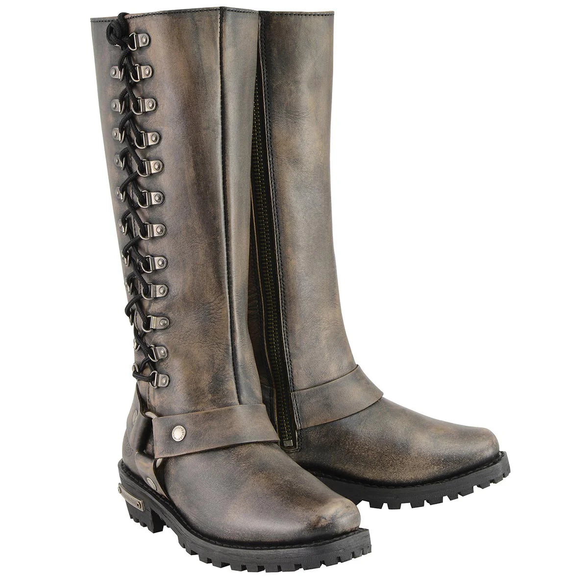 MILWAUKEE LEATHER - WOMEN'S DISTRESSED BROWN LEATHER 14-INCH CLASSIC HARNESS SQUARE TOE MOTORCYCLE RIDER BOOT - MBL9368