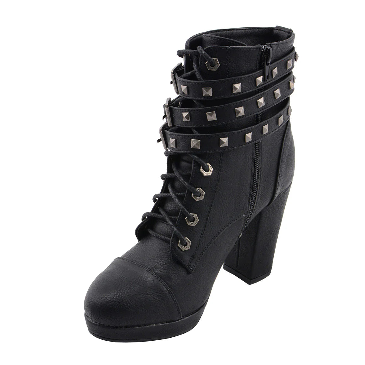 MILWAUKEE LEATHER - WOMEN'S BLACK LEATHER LACE-UP FASHION BOOTS WITH TRIPLE STRAP STUDDED ACCENTS - MBL9417