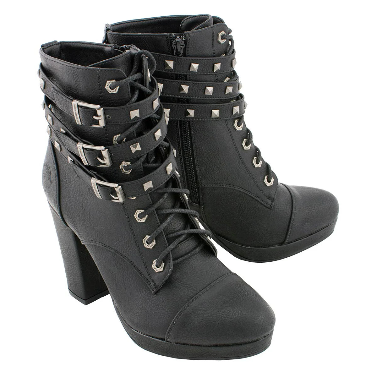 MILWAUKEE LEATHER - WOMEN'S BLACK LEATHER LACE-UP FASHION BOOTS WITH TRIPLE STRAP STUDDED ACCENTS - MBL9417