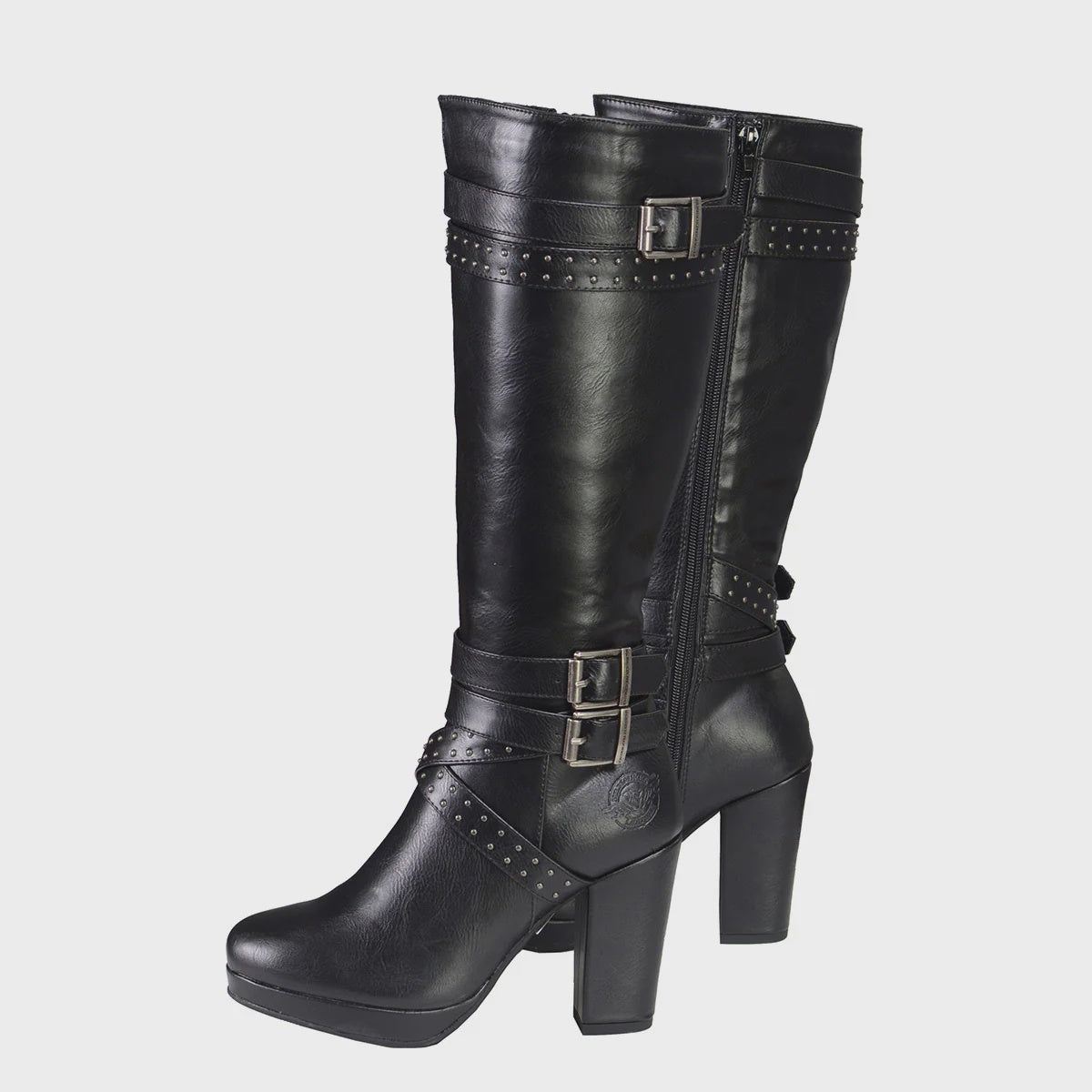 MILWAUKEE LEATHER - WOMEN'S TALL BLACK STUDDED STRAP FASHION CASUAL BOOTS WITH PLATFORM HEEL - MBL9422