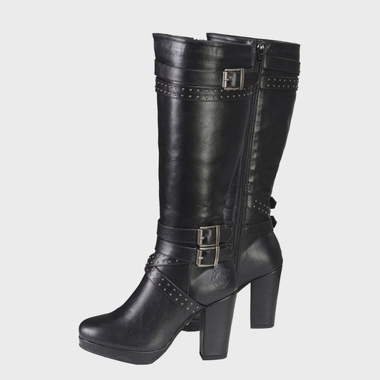 MILWAUKEE LEATHER - WOMEN'S TALL BLACK STUDDED STRAP FASHION CASUAL BOOTS WITH PLATFORM HEEL - MBL9422