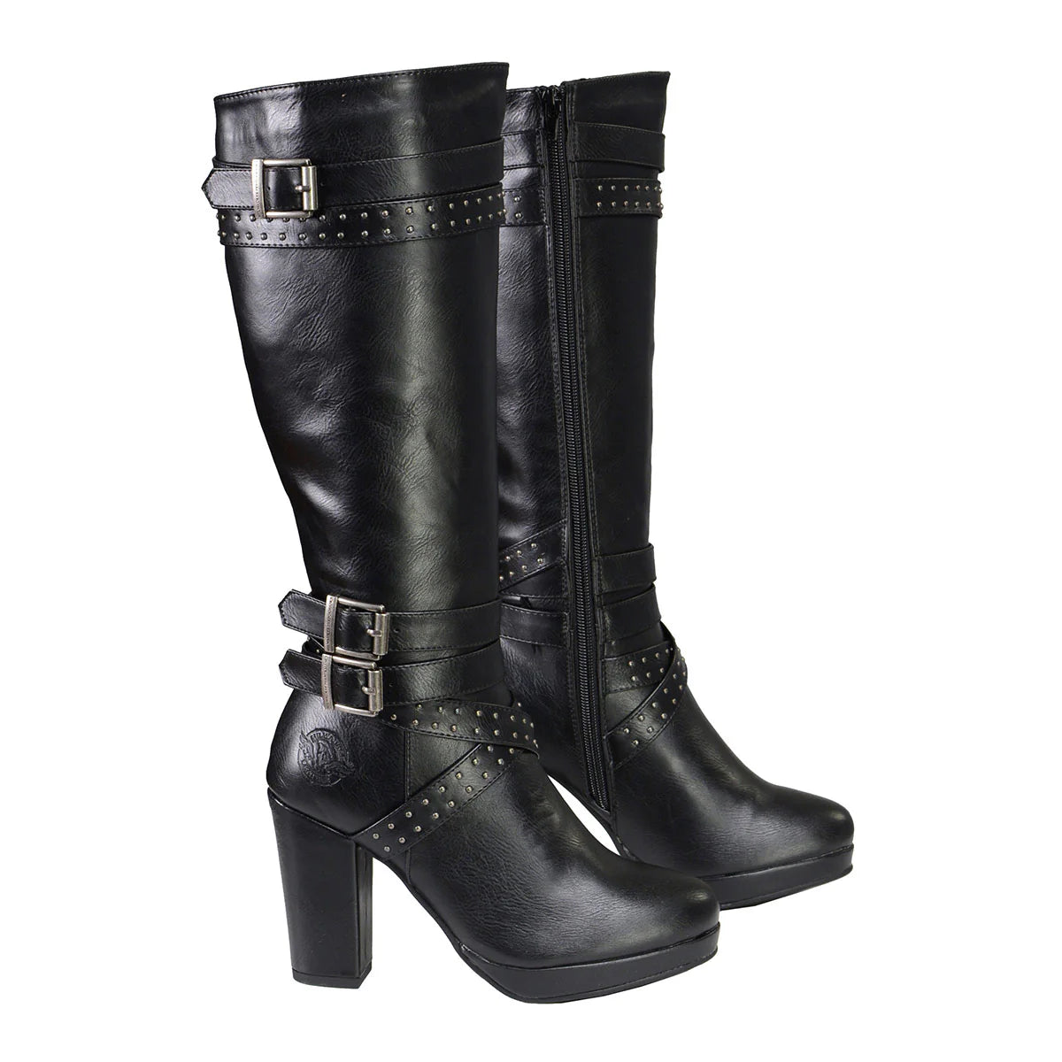 MILWAUKEE LEATHER - WOMEN'S TALL BLACK STUDDED STRAP FASHION CASUAL BOOTS WITH PLATFORM HEEL - MBL9422
