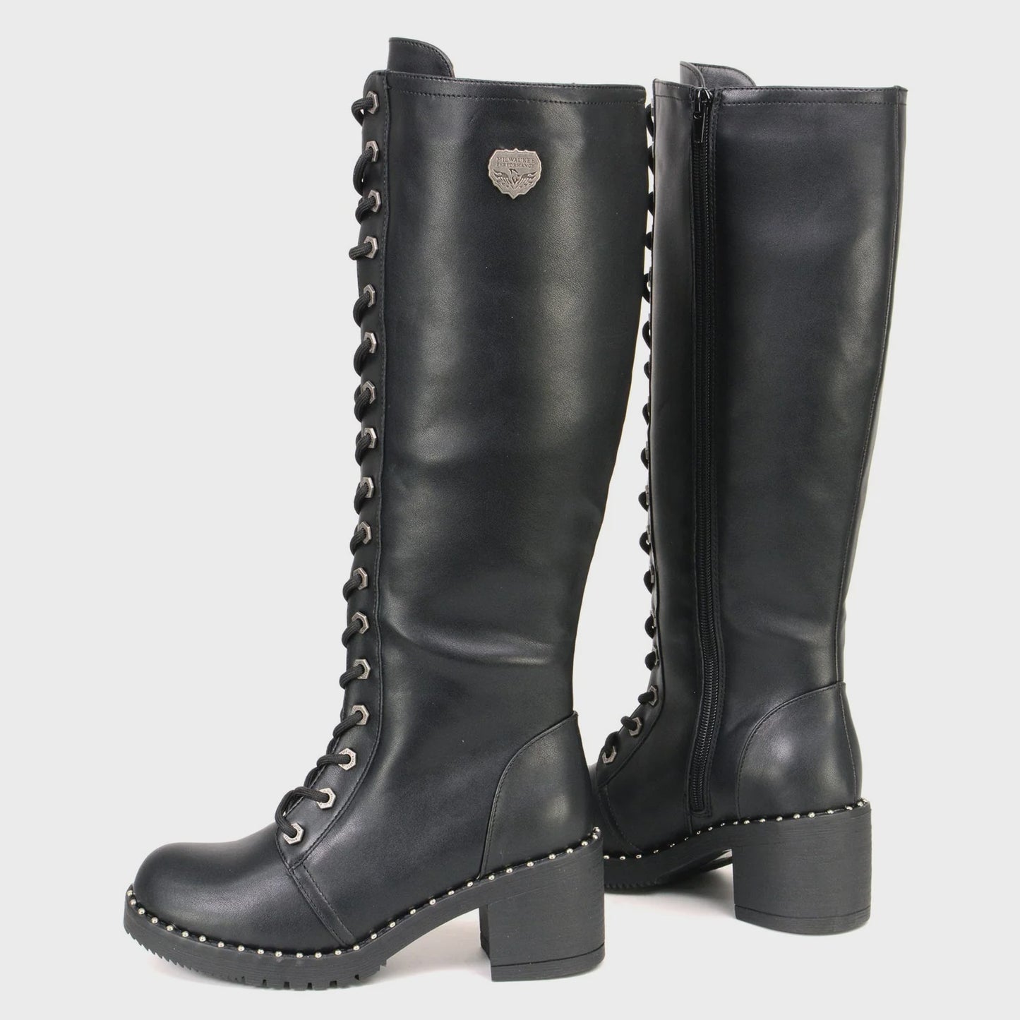 MILWAUKEE LEATHER - WOMEN'S BLACK LACE-UP TALL BIKER FASHION BOOTS WITH PLATFORM HEEL & STUDS - MBL9442