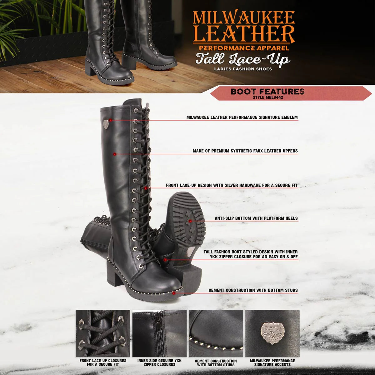MILWAUKEE LEATHER - WOMEN'S BLACK LACE-UP TALL BIKER FASHION BOOTS WITH PLATFORM HEEL & STUDS - MBL9442