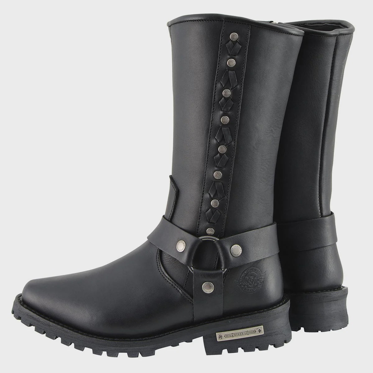 MILWAUKEE LEATHER - MEN'S BLACK LEATHER HARNESS MOTORCYCLE BOOTS WITH BRAID AND RIVETED DETAILS - MBM9025