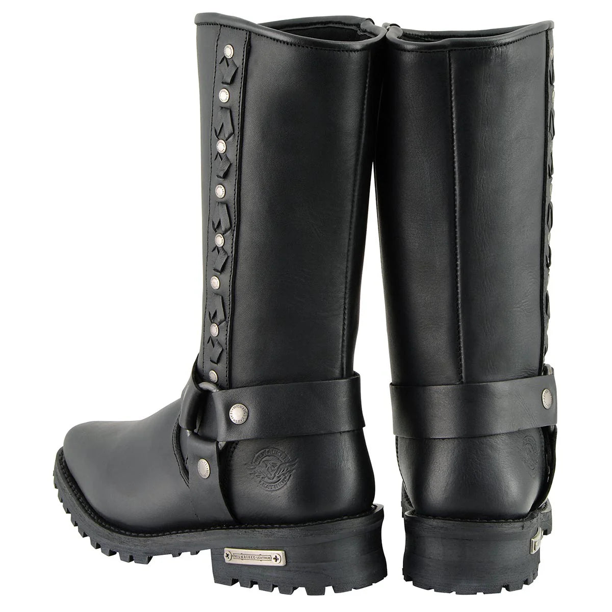 MILWAUKEE LEATHER - MEN'S BLACK LEATHER HARNESS MOTORCYCLE BOOTS WITH BRAID AND RIVETED DETAILS - MBM9025