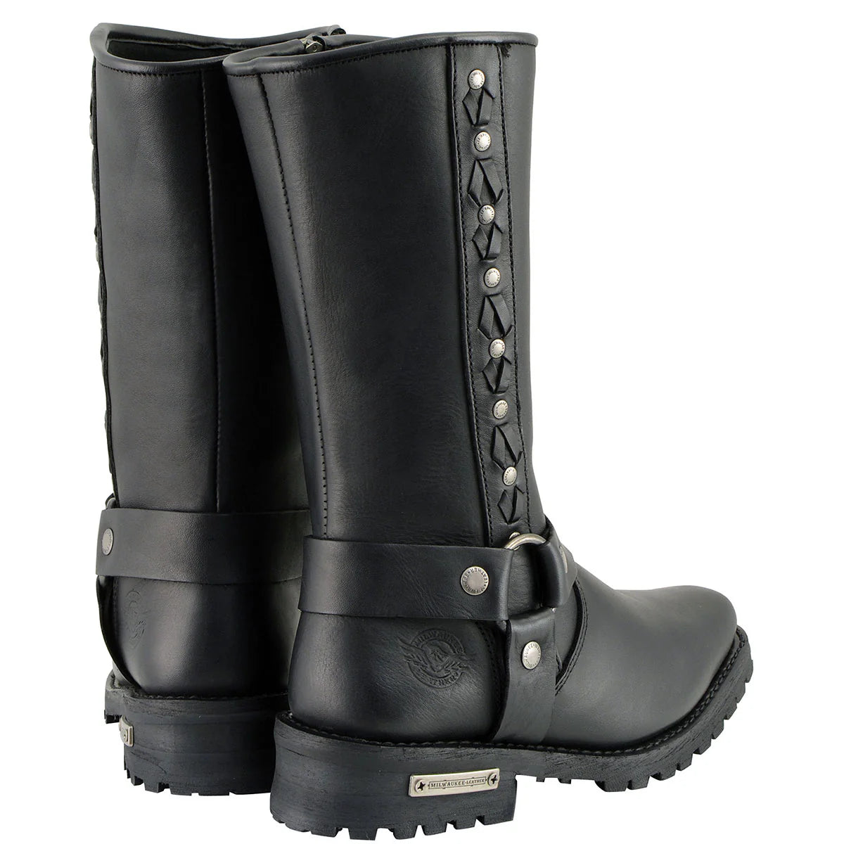 MILWAUKEE LEATHER - MEN'S BLACK LEATHER HARNESS MOTORCYCLE BOOTS WITH BRAID AND RIVETED DETAILS - MBM9025