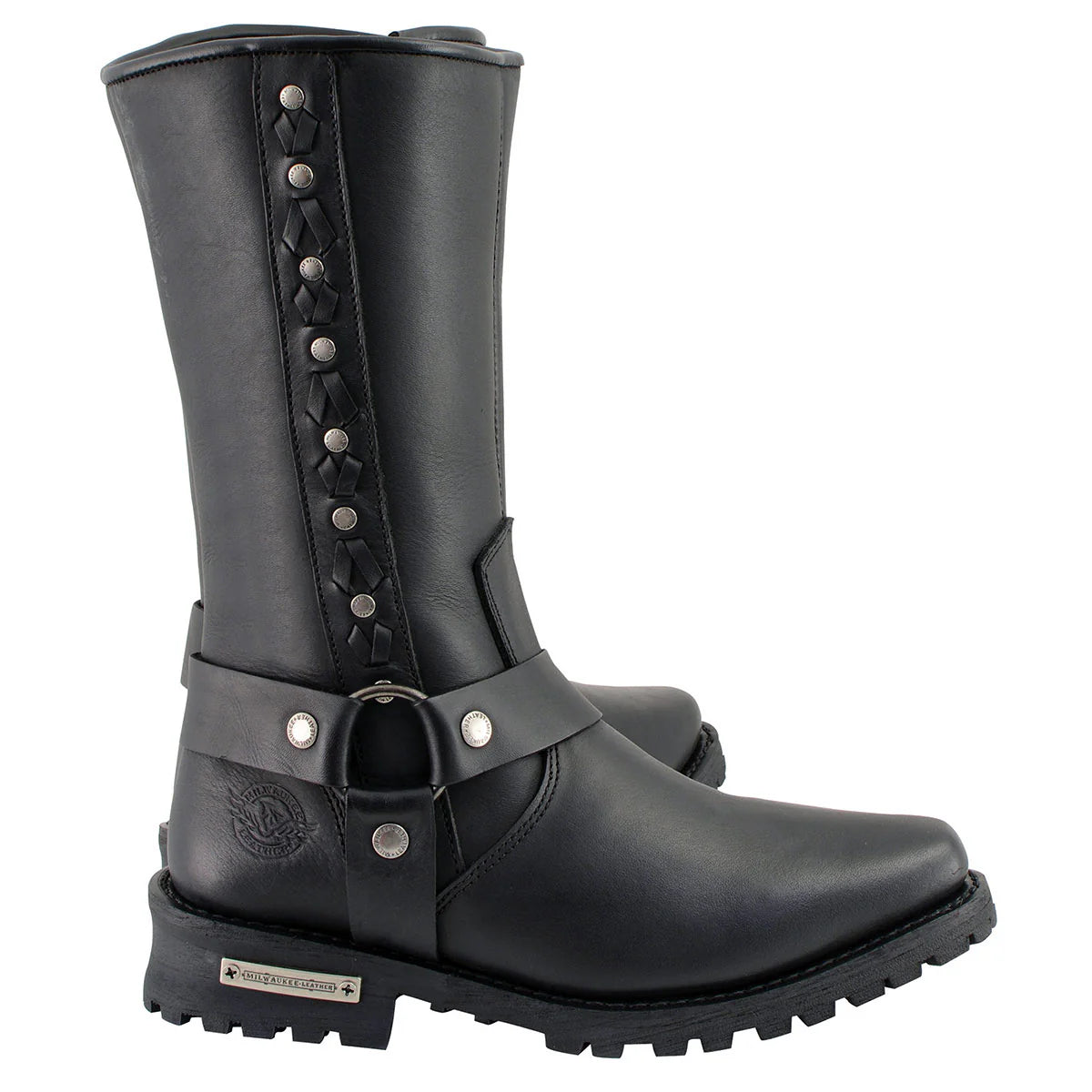 MILWAUKEE LEATHER - MEN'S BLACK LEATHER HARNESS MOTORCYCLE BOOTS WITH BRAID AND RIVETED DETAILS - MBM9025