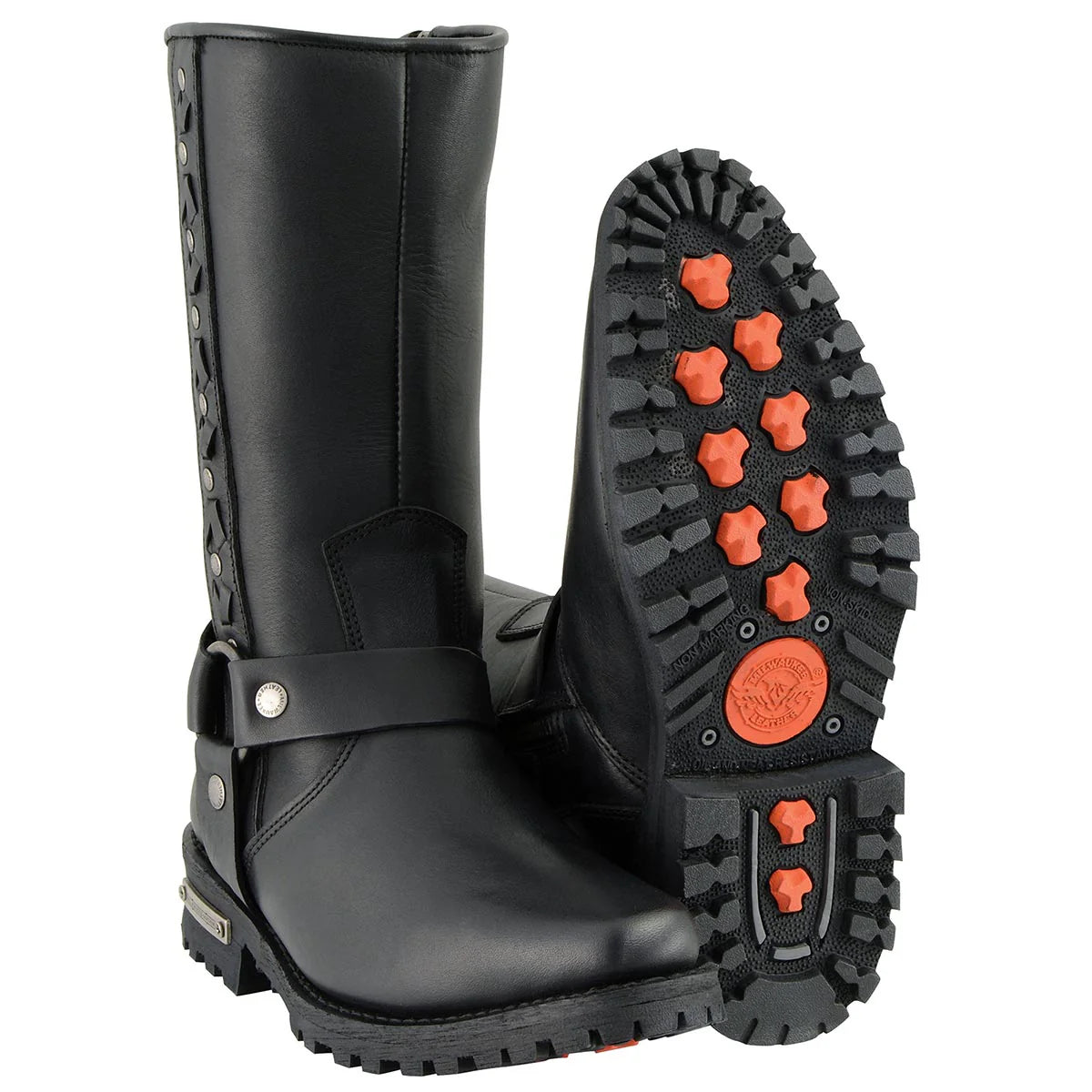 MILWAUKEE LEATHER - MEN'S BLACK LEATHER HARNESS MOTORCYCLE BOOTS WITH BRAID AND RIVETED DETAILS - MBM9025