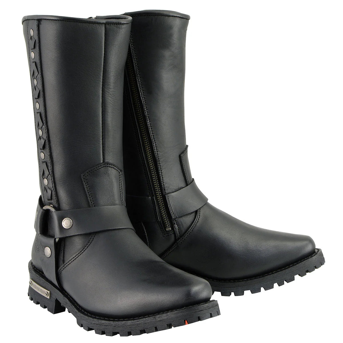 MILWAUKEE LEATHER - MEN'S BLACK LEATHER HARNESS MOTORCYCLE BOOTS WITH BRAID AND RIVETED DETAILS - MBM9025