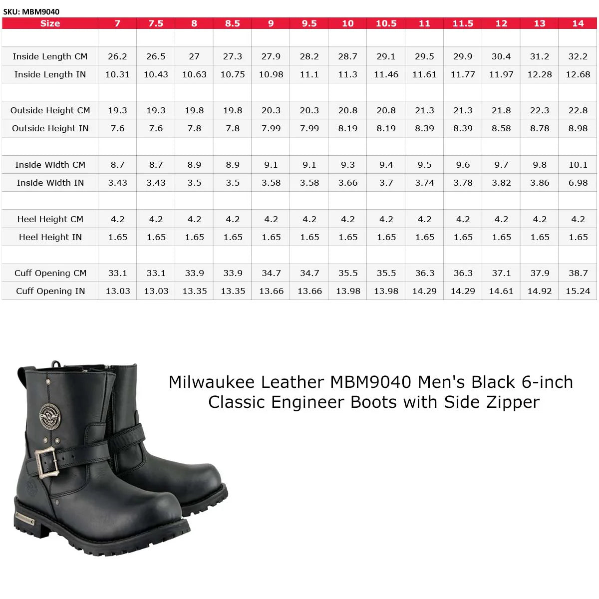 MILWAUKEE LEATHER - MEN'S BLACK LEATHER 6-INCH CLASSIC ENGINEER MOTORCYCLE BOOT WITH SIDE ZIPPER - MBM9040
