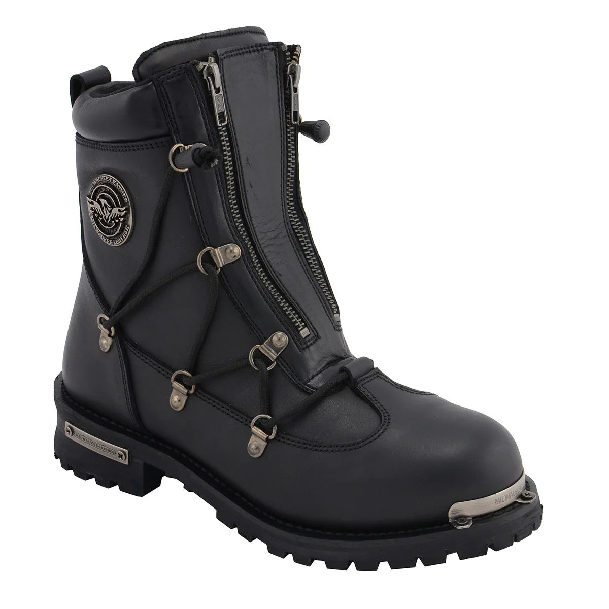 MILWAUKEE LEATHER - MEN'S BLACK LEATHER 6-INCH PLAIN TOE DUAL ZIPPER MOTORCYCLE RIDER BOOT - MBM9075