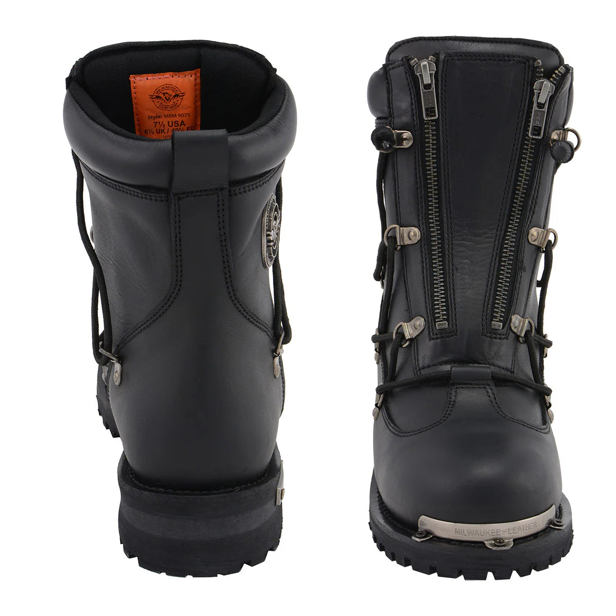 MILWAUKEE LEATHER - MEN'S BLACK LEATHER 6-INCH PLAIN TOE DUAL ZIPPER MOTORCYCLE RIDER BOOT - MBM9075