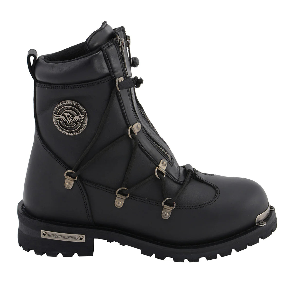 MILWAUKEE LEATHER - MEN'S BLACK LEATHER 6-INCH PLAIN TOE DUAL ZIPPER MOTORCYCLE RIDER BOOT - MBM9075