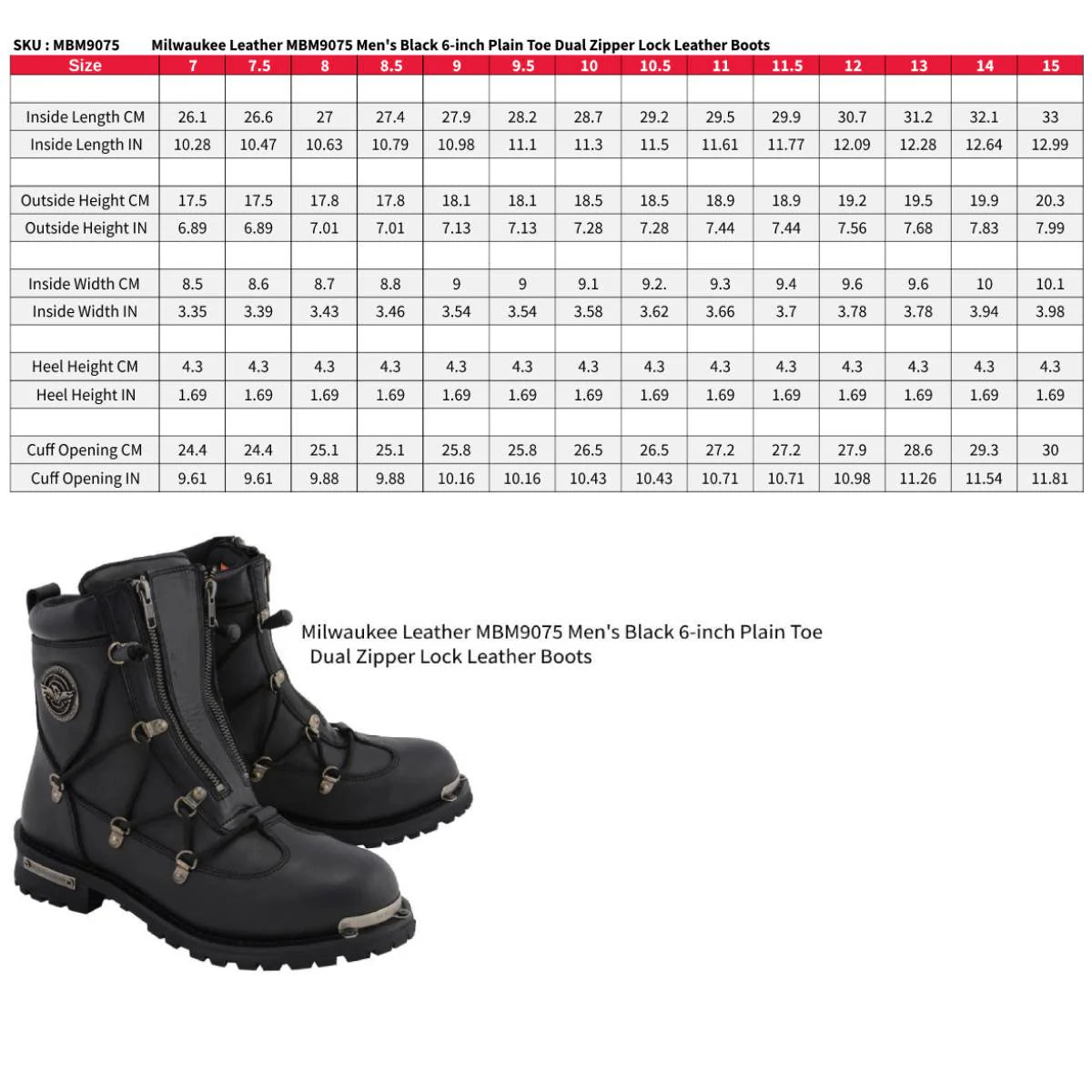 MILWAUKEE LEATHER - MEN'S BLACK LEATHER 6-INCH PLAIN TOE DUAL ZIPPER MOTORCYCLE RIDER BOOT - MBM9075