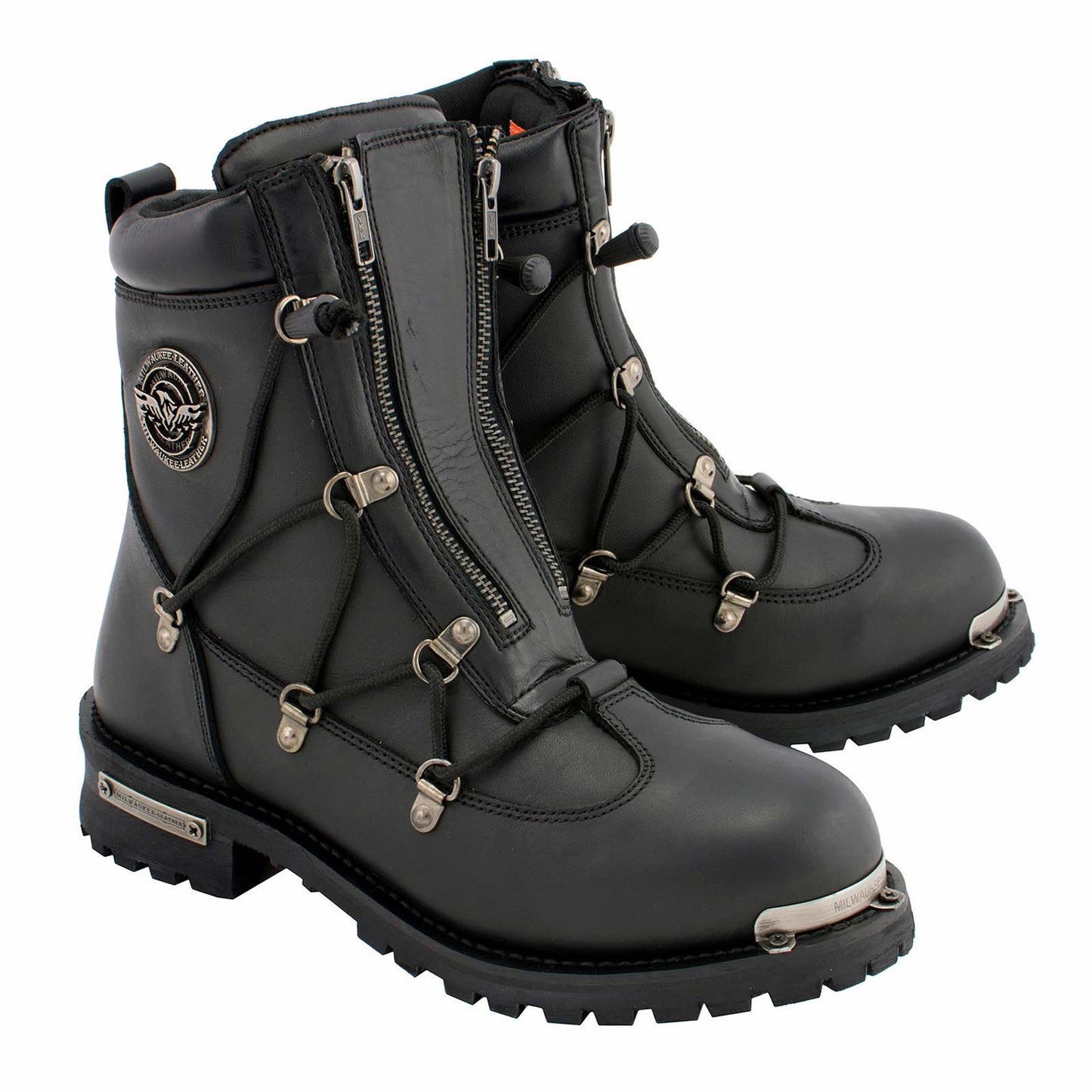 MILWAUKEE LEATHER - MEN'S BLACK LEATHER 6-INCH PLAIN TOE DUAL ZIPPER MOTORCYCLE RIDER BOOT - MBM9075