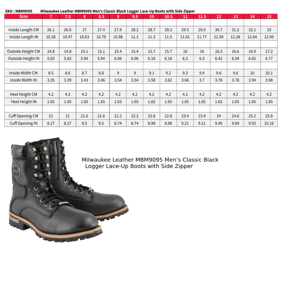 MILWAUKEE LEATHER - MEN'S CLASSIC BLACK LEATHER LACE-UP LOGGER WITH SIDE-ZIP - MBM9095