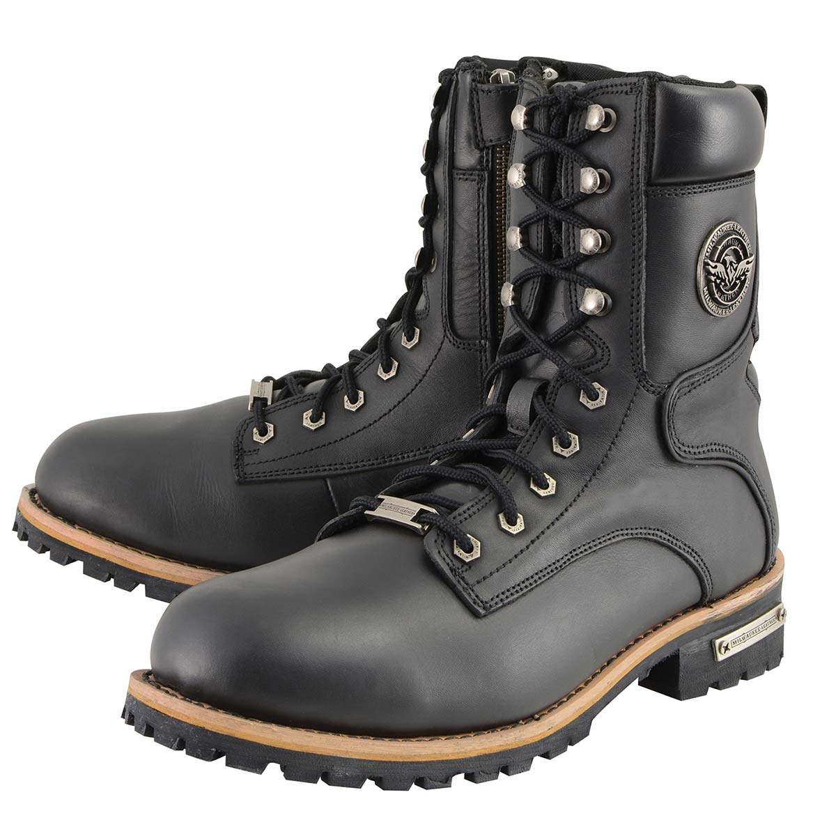 MILWAUKEE LEATHER - MEN'S CLASSIC BLACK LEATHER LACE-UP LOGGER WITH SIDE-ZIP - MBM9095