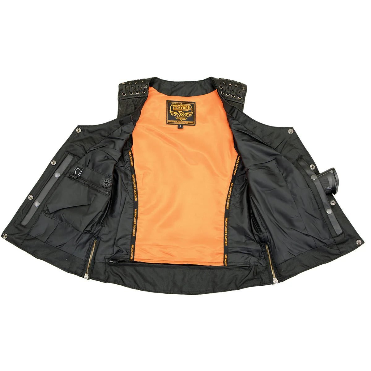 MILWAUKEE LEATHER - WOMEN'S BLACK LEATHER LIGHTWEIGHT LACE TO LACE LOWER ZIP EXPANSION MOTORCYCLE RIDER VEST - MLL4525