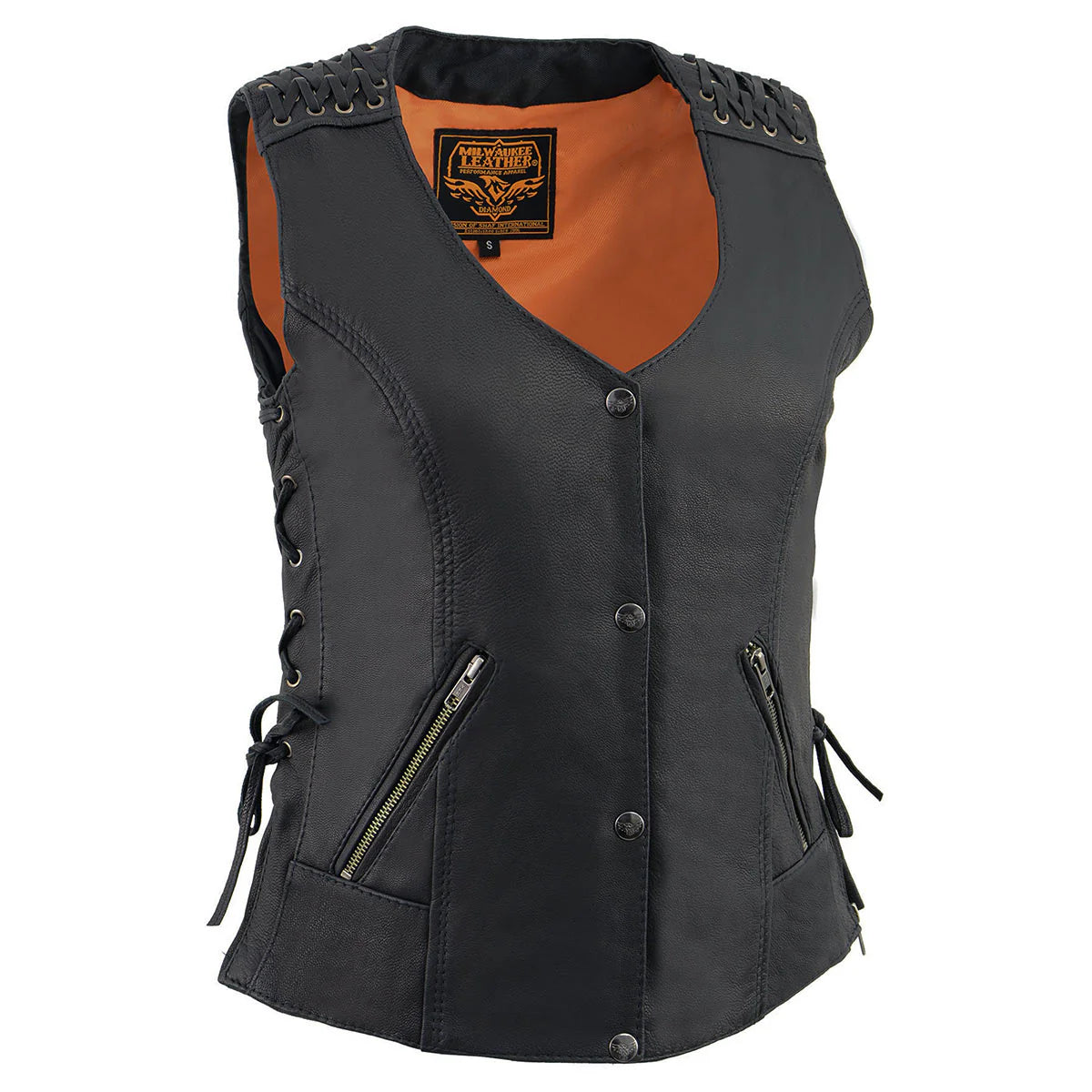 MILWAUKEE LEATHER - WOMEN'S BLACK LEATHER LIGHTWEIGHT LACE TO LACE LOWER ZIP EXPANSION MOTORCYCLE RIDER VEST - MLL4525
