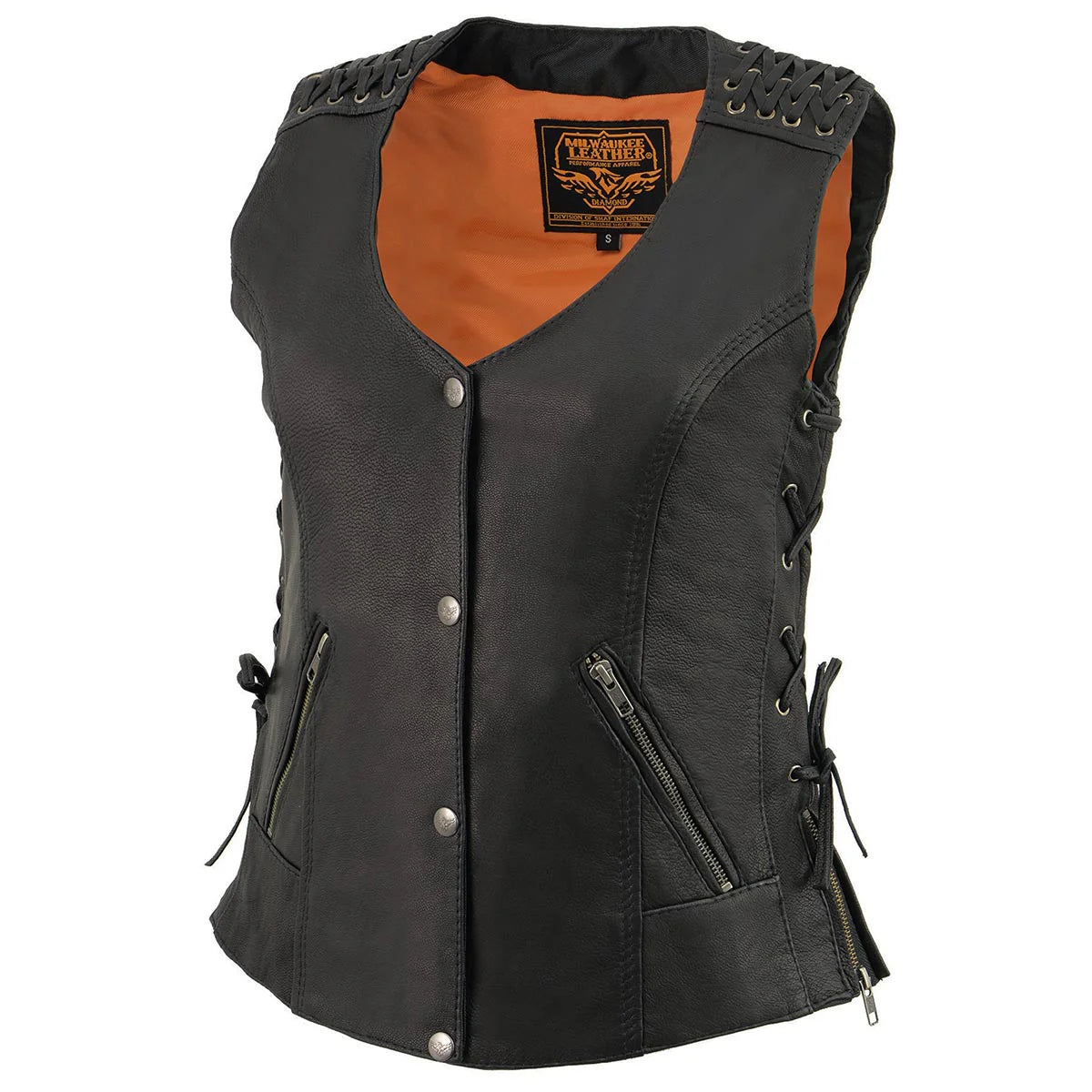 MILWAUKEE LEATHER - WOMEN'S BLACK LEATHER LIGHTWEIGHT LACE TO LACE LOWER ZIP EXPANSION MOTORCYCLE RIDER VEST - MLL4525