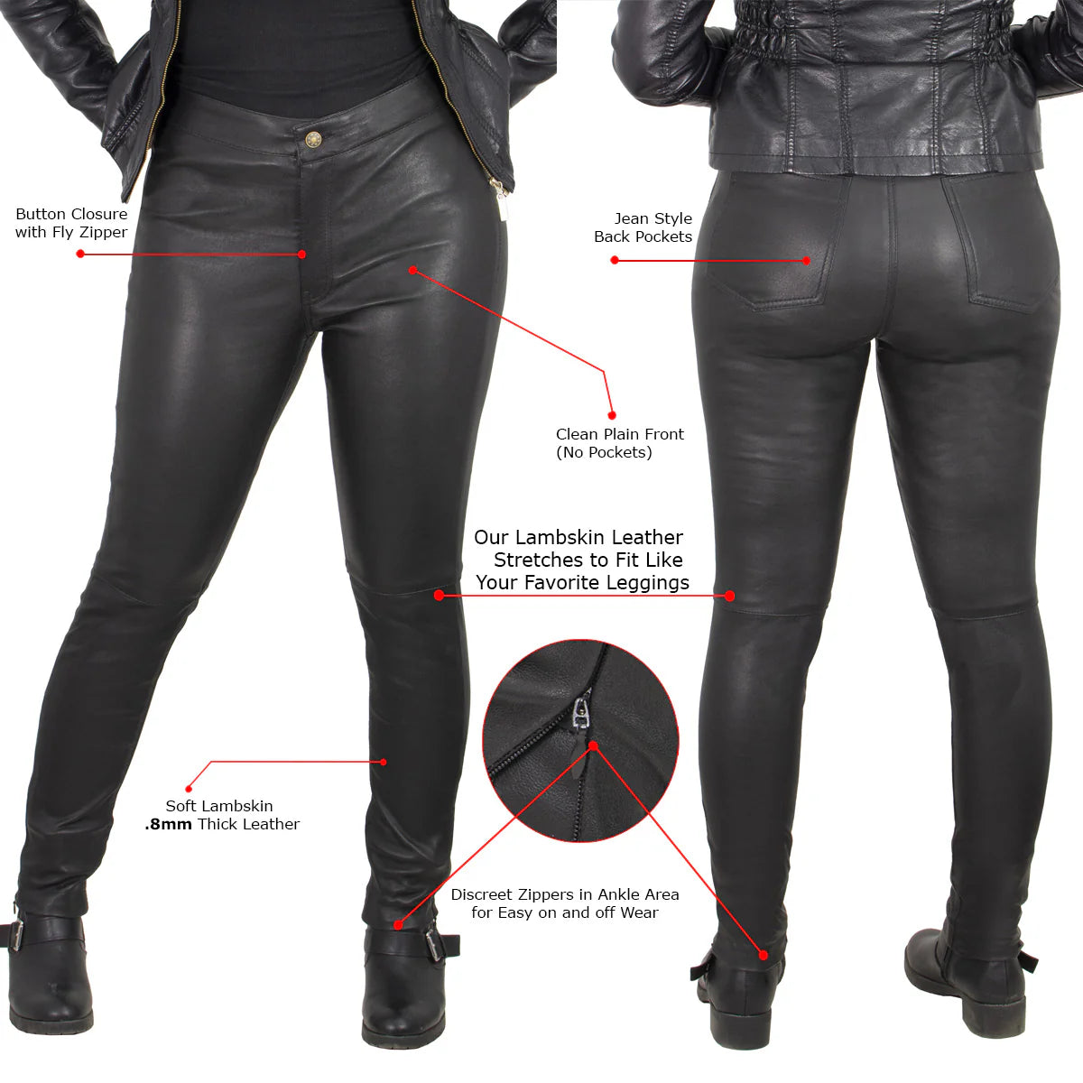 MILWAUKEE LEATHER - 'SANDY' WOMEN'S BLACK LAMBSKIN STRETCH LEATHER PANTS - MLL6690
