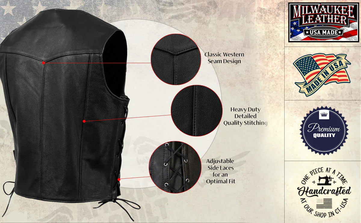 MILWAUKEE LEATHER - MEN'S BLACK BUSTER SIDE LACE PREMIUM MOTORCYCLE LEATHER VEST - MADE IN THE USA - MLVSM5008