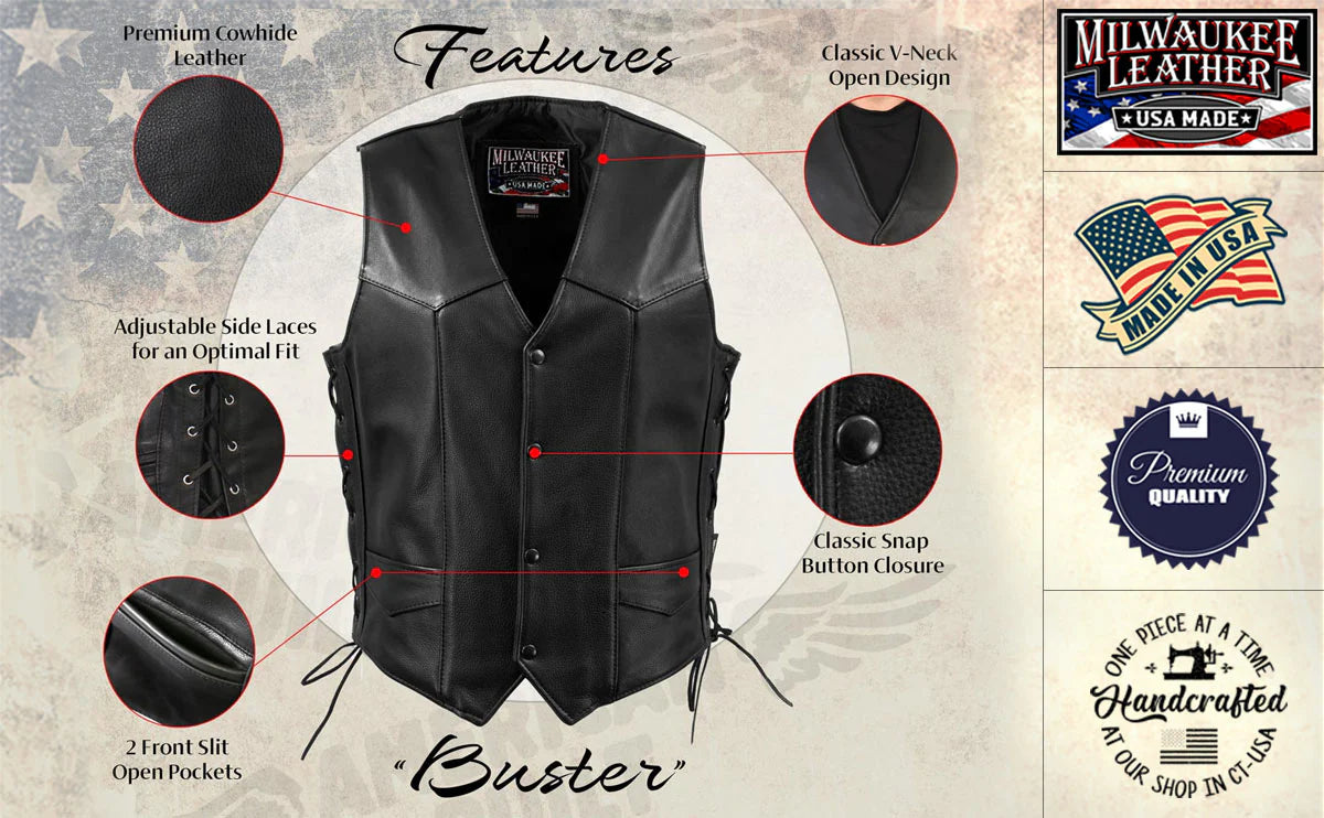 MILWAUKEE LEATHER - MEN'S BLACK BUSTER SIDE LACE PREMIUM MOTORCYCLE LEATHER VEST - MADE IN THE USA - MLVSM5008