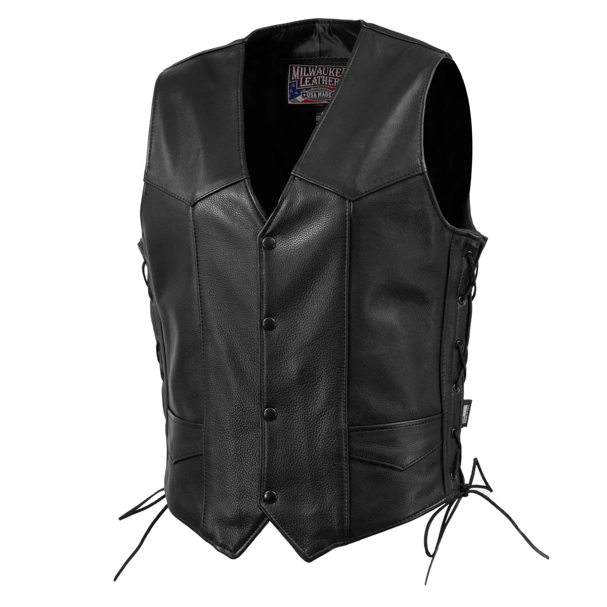 MILWAUKEE LEATHER - MEN'S BLACK BUSTER SIDE LACE PREMIUM MOTORCYCLE LEATHER VEST - MADE IN THE USA - MLVSM5008